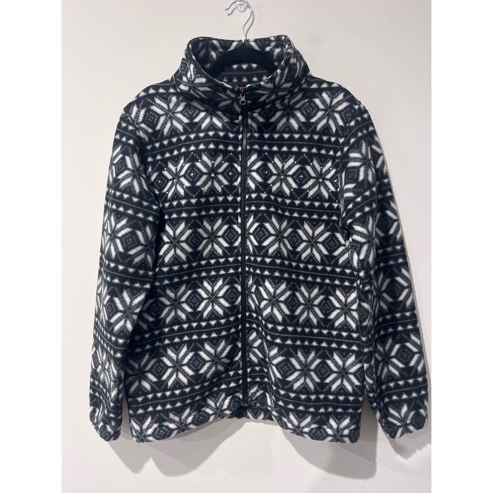 Zoey Beth Womens‎ Black White Snowflake Fleece Jacket Size S Beaded Accents